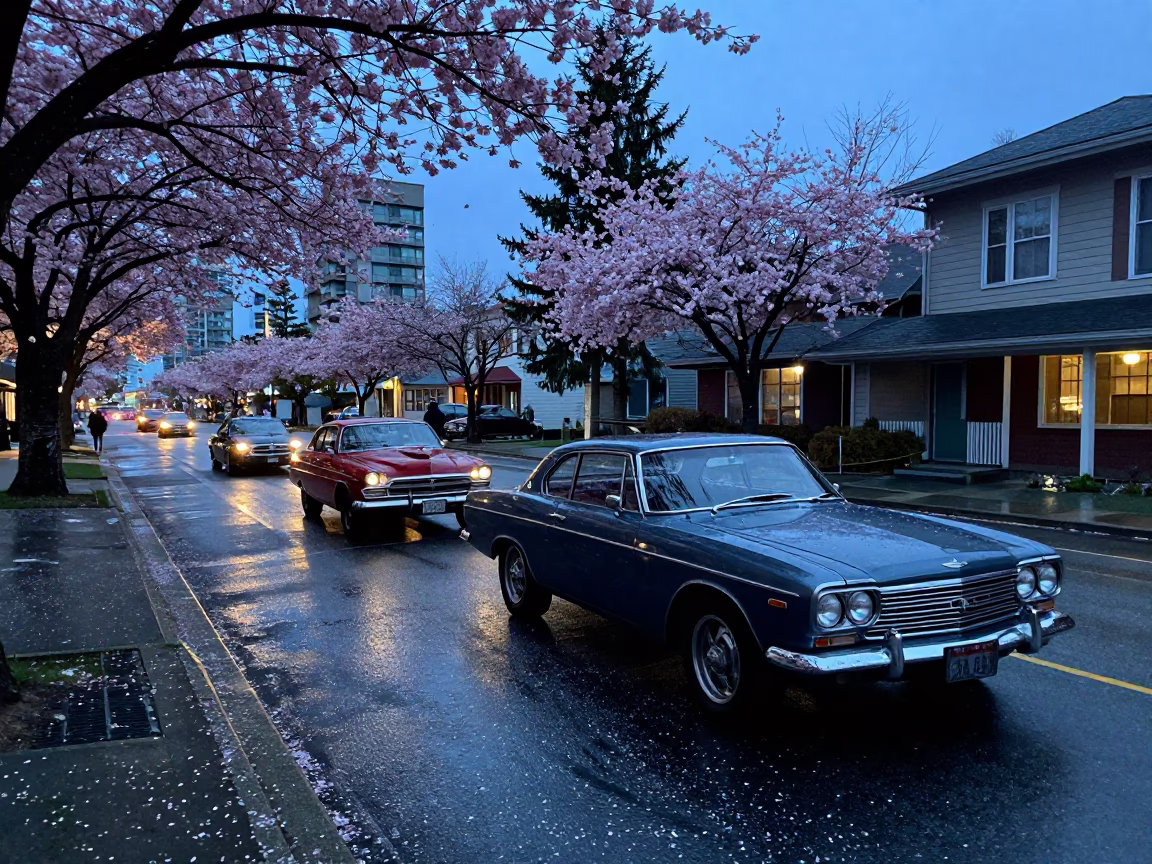Pre-dawn Vancouver street scene with vintage car rally preparation and cherry blossom petals in in Vancouver, British Columbia, Canada
