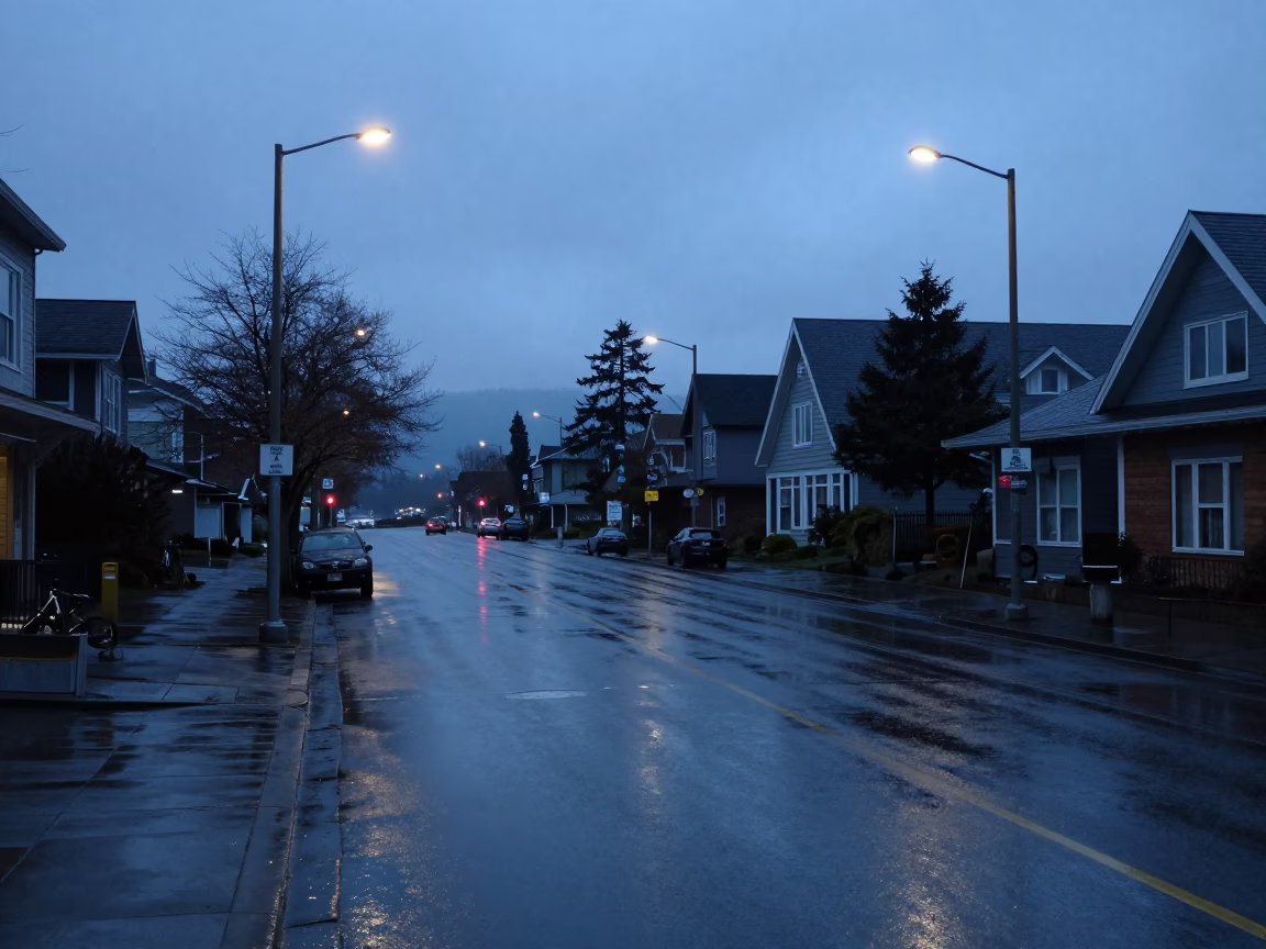 Pre-dawn Vancouver street scene with wet pavement and distant city lights in in Vancouver, British Columbia, Canada