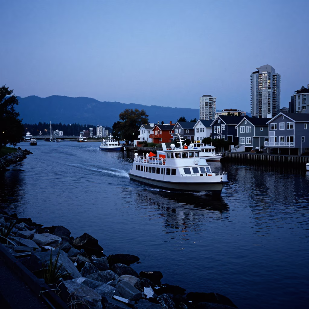 Pre-dawn Vancouver Water Taxi Navigating Burrard Inlet Canals Near Coal Harbour in in Vancouver, British Columbia, Canada