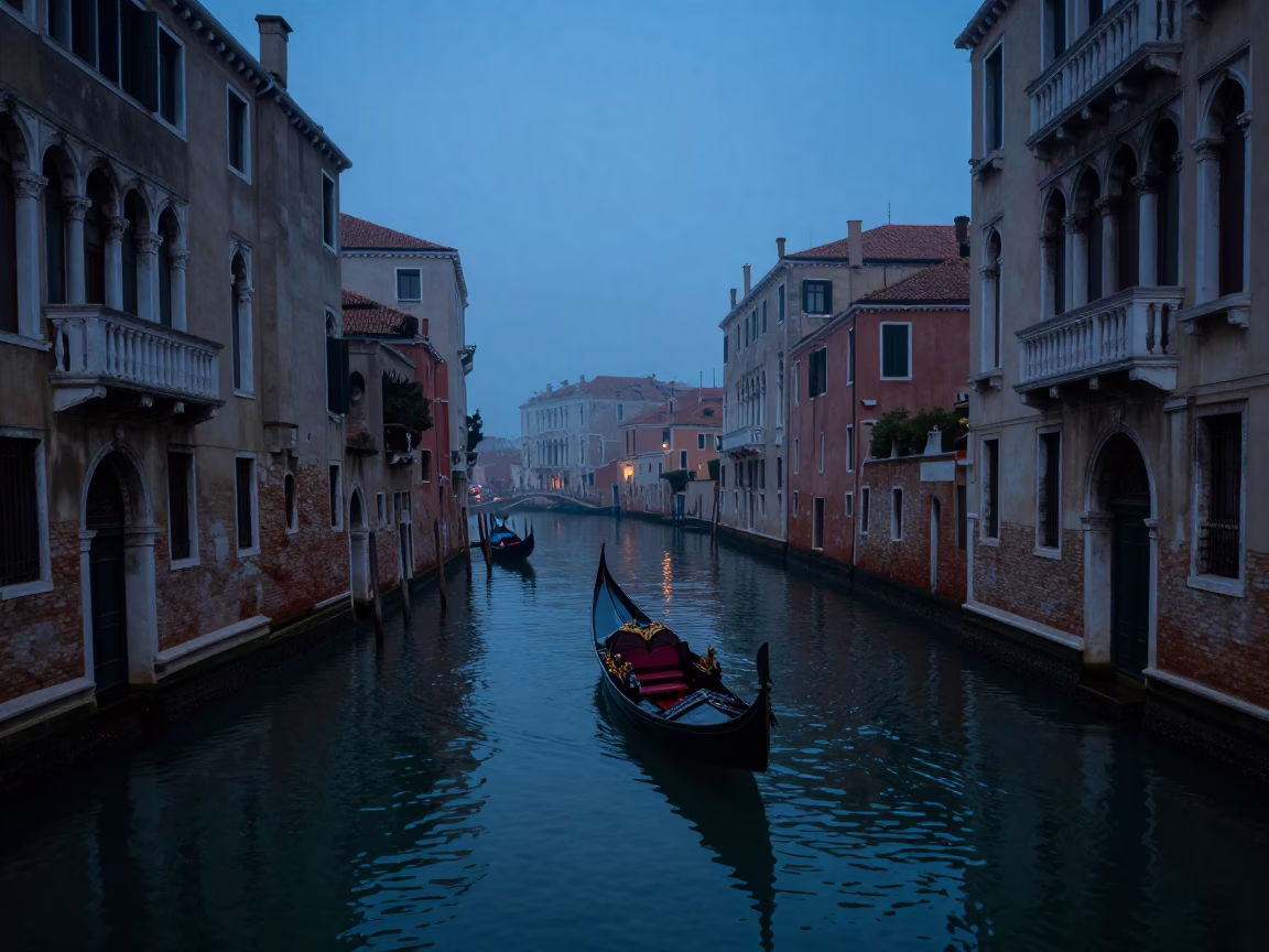 Pre-Dawn Venetian Canal Scene with Gondola and Water Reflections in Early Morning Light in in Venice, Italy