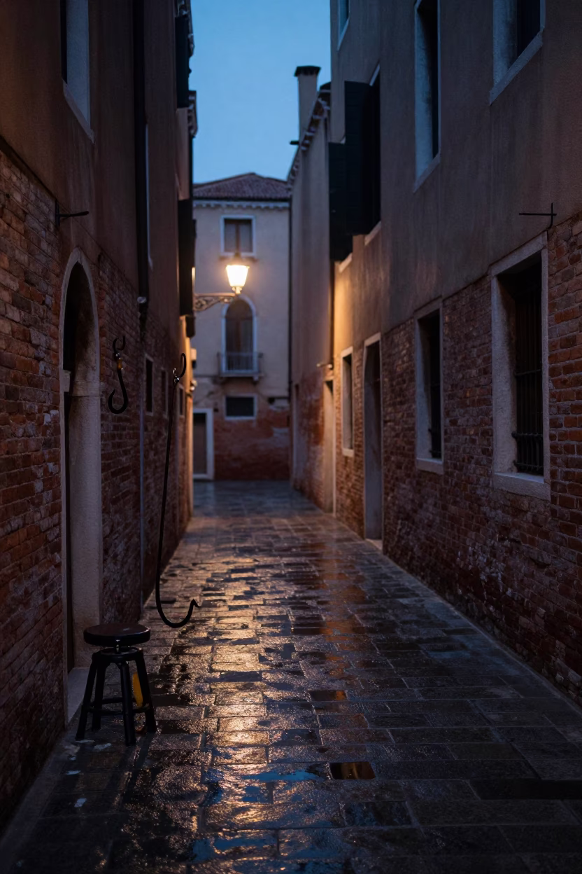 Pre-Dawn Venice Alleyway with Iron Hook and Stool Before Sunrise in in Venice, Italy
