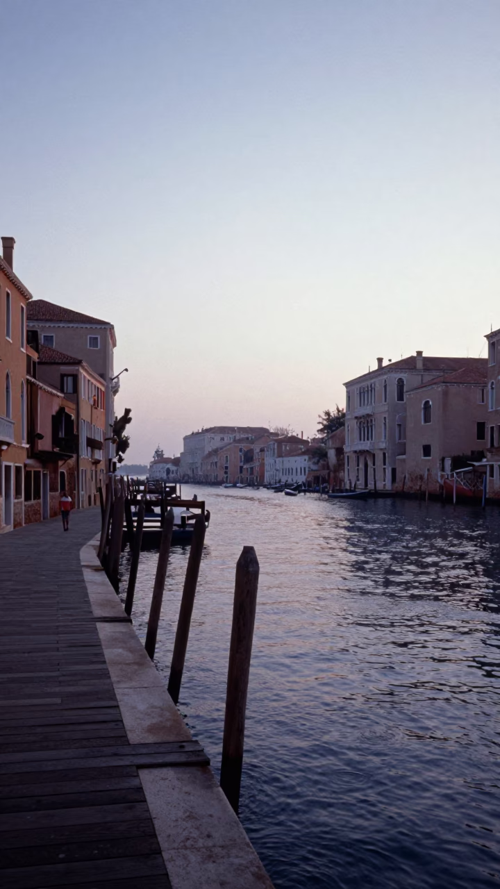 Pre-dawn Venice Canal Street Scene with Wooden Dock and Rain Boots in in Venice, Italy