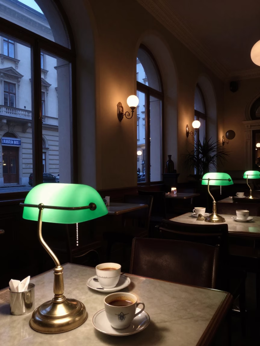 Pre-dawn Vienna Cafe Interior with Green Banker Lamps and Coffee Saucers in in Vienna, Austria