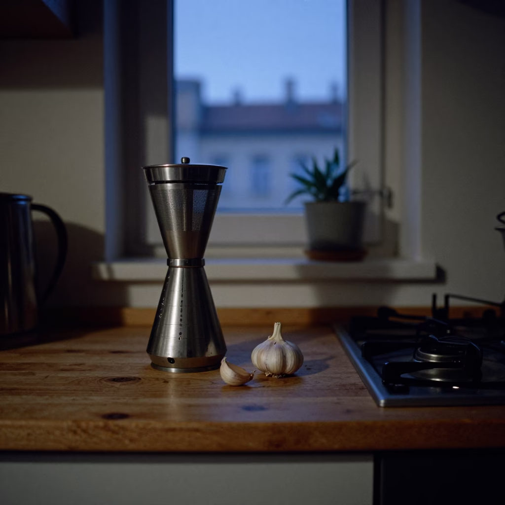 Pre-dawn Vienna Kitchen Counter with Tea Infuser and Garlic Bulbs in in Vienna, Austria