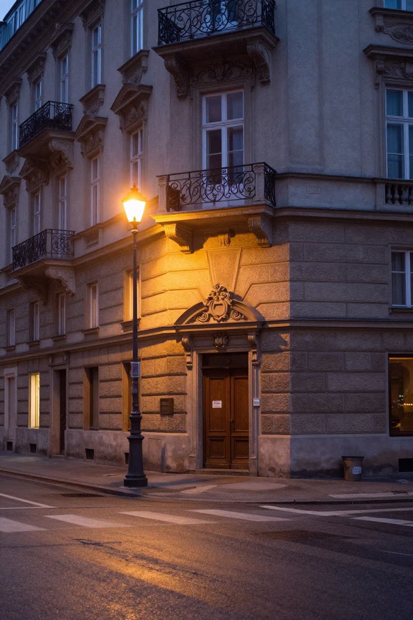 Pre-Dawn Vienna Street Scene with Condensation and Urban Morning Light in in Vienna, Austria