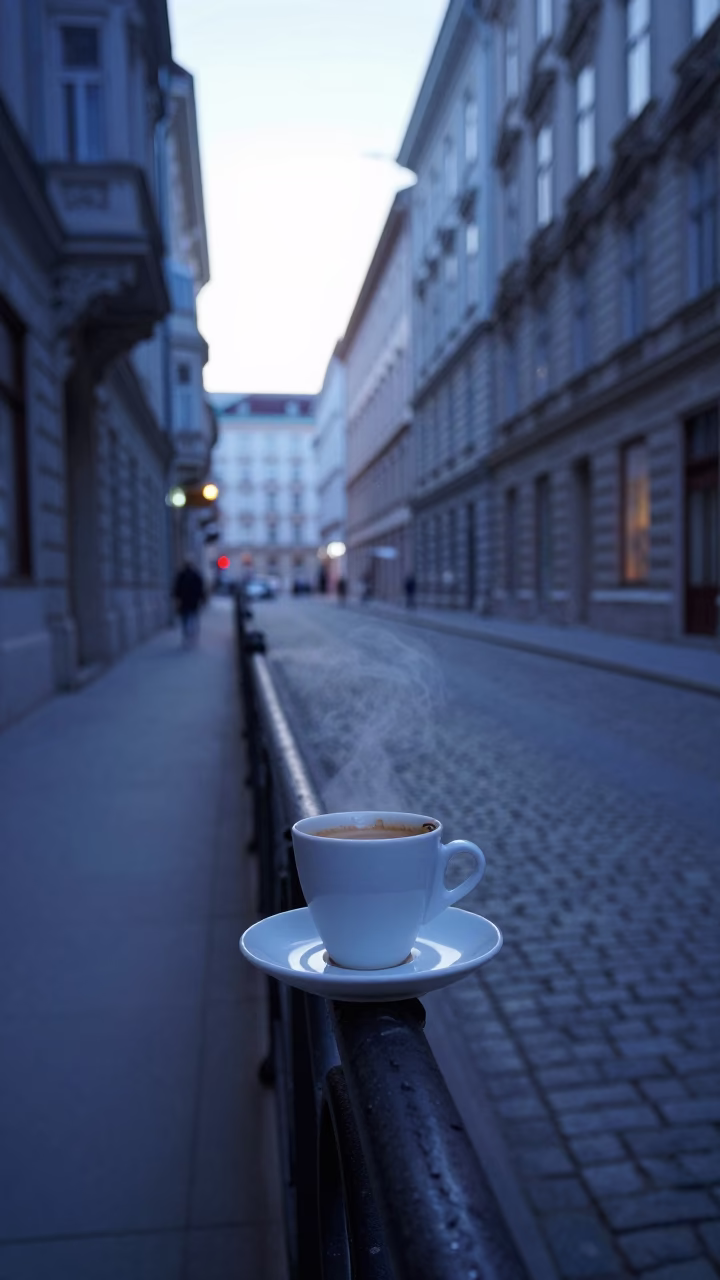 Pre-dawn Vienna street scene with espresso cup and morning light in in Vienna, Austria