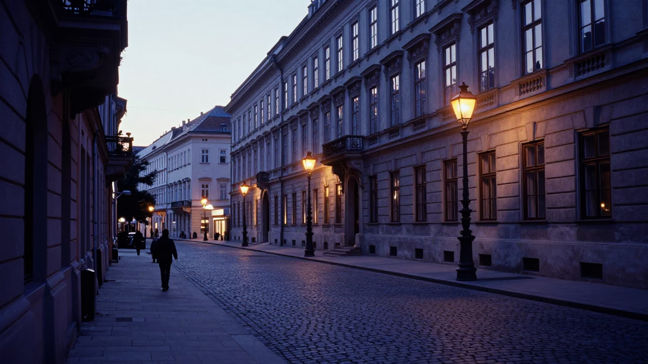 Pre-dawn Vienna street scene with historic architecture and quiet urban stillness before sunrise in in Vienna, Austria
