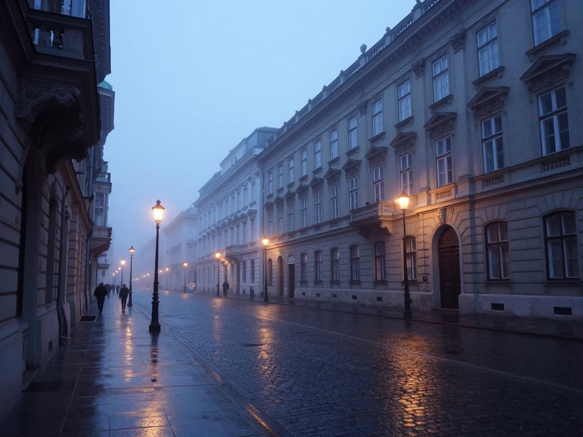 Pre-dawn Vienna street scene with mist and historic architecture in cool morning light in in Vienna, Austria
