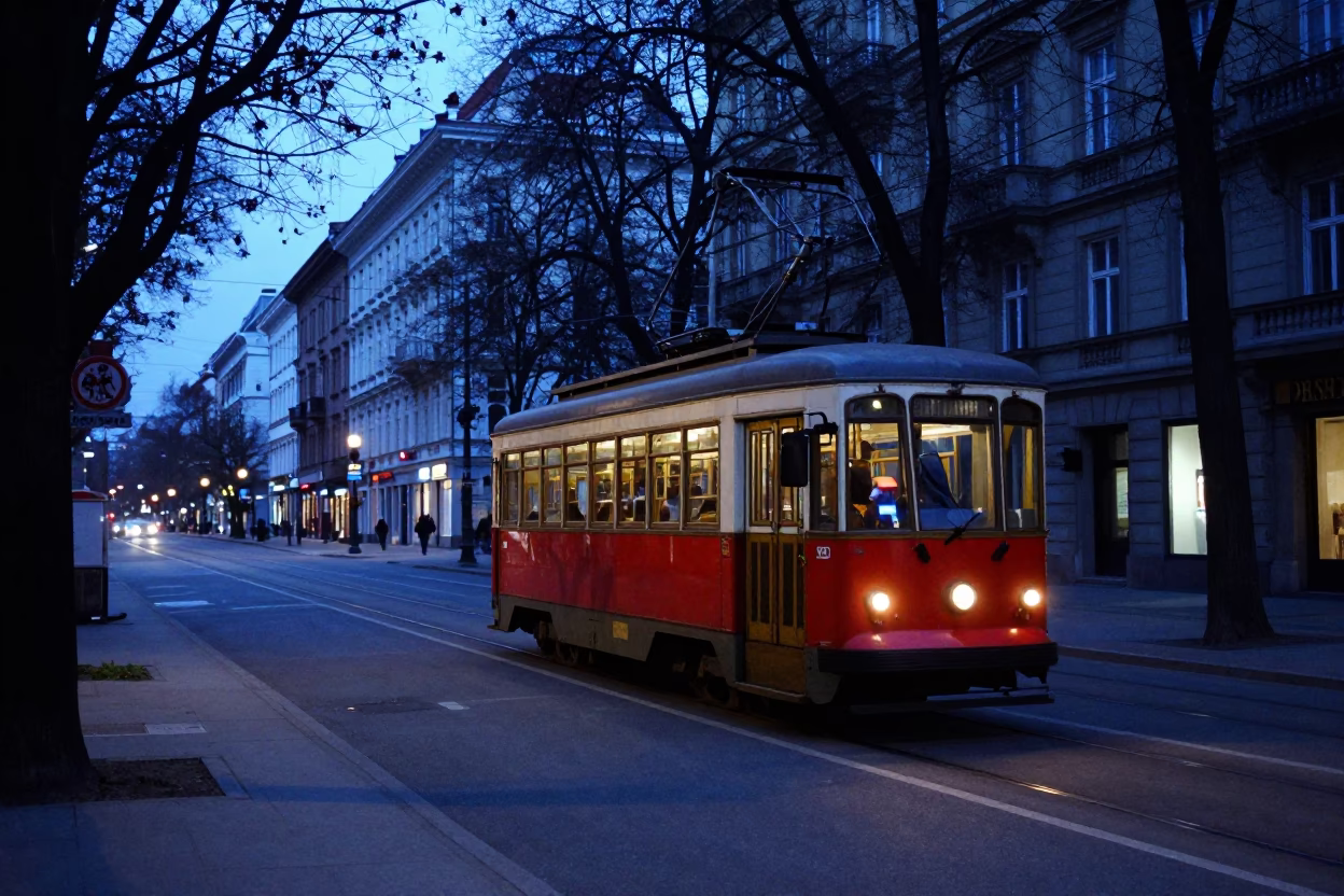 Pre-Dawn Vienna Street Scene with Old Trolley and Urban Architecture in in Vienna, Austria