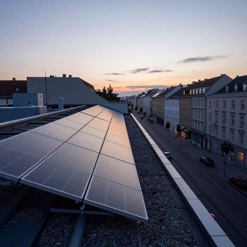 Pre-dawn Vienna Street Scene with Solar Panels and Urban Infrastructure in in Vienna, Austria