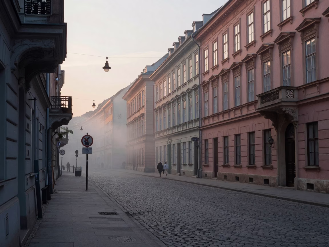 Pre-Dawn Vienna Street Scene with Steam Haze and Vintage Architecture in in Vienna, Austria