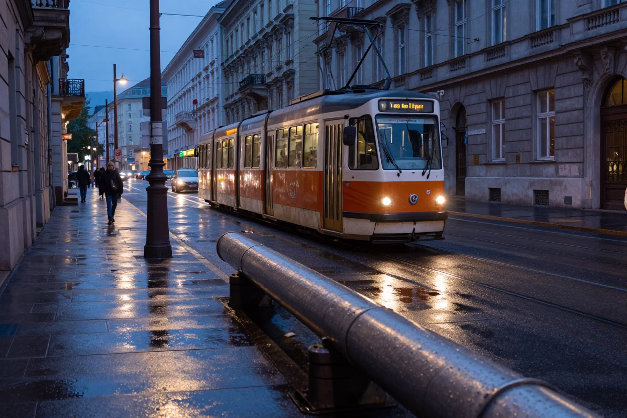 Pre-dawn Vienna street scene with tram and wet urban infrastructure in in Vienna, Austria