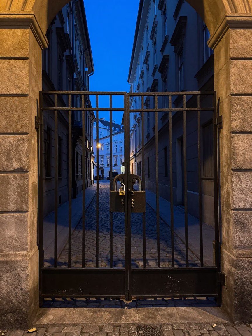 Pre-dawn Vienna Street Scene with Vintage Padlock and Cobblestone Alley Detail in in Vienna, Austria