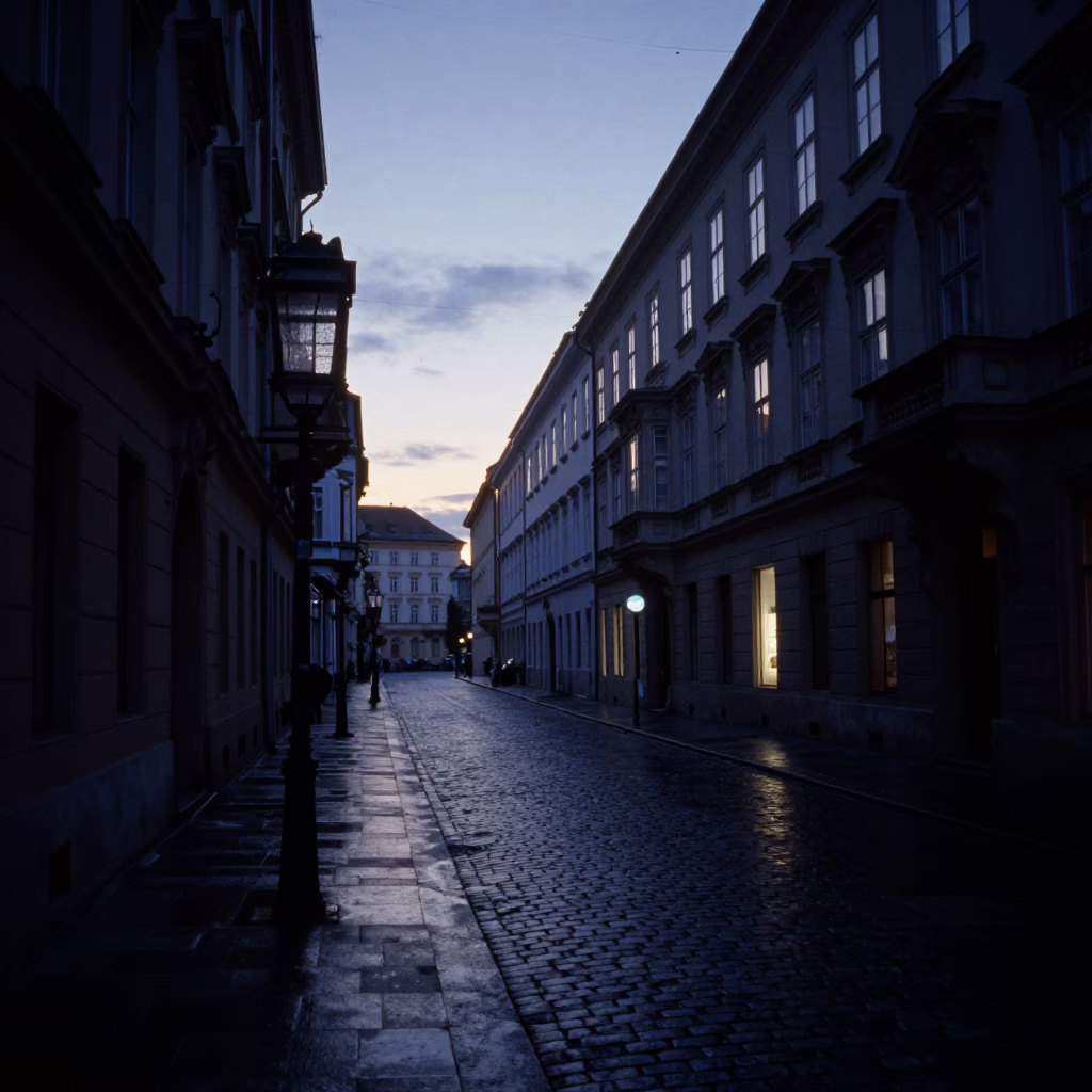 Pre-dawn Vienna street scene with wet cobblestones and quiet morning light in in Vienna, Austria
