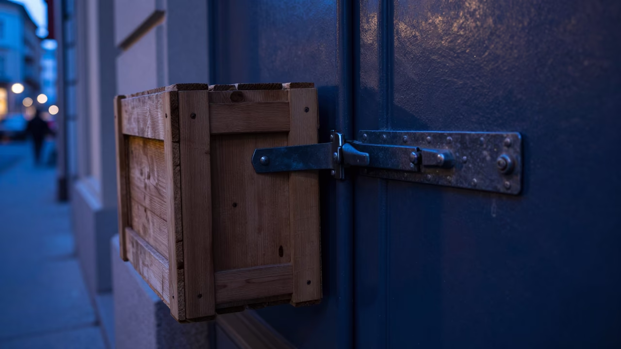 Pre-dawn Vienna street scene with wooden crate and deadbolt lock on historic building in in Vienna, Austria
