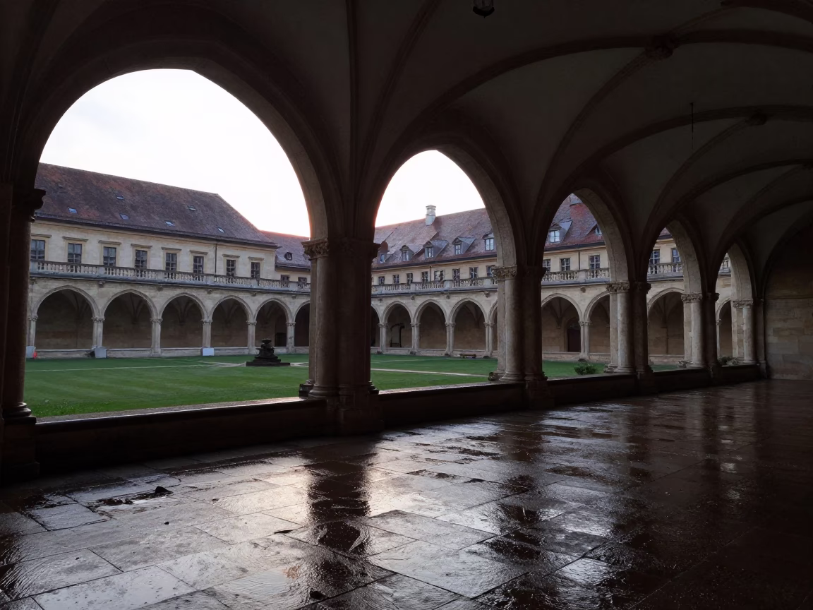 Pre-Dawn Vienna University Cloister Wet Flagstones and Stone Archways Before Sunrise in in Vienna, Austria