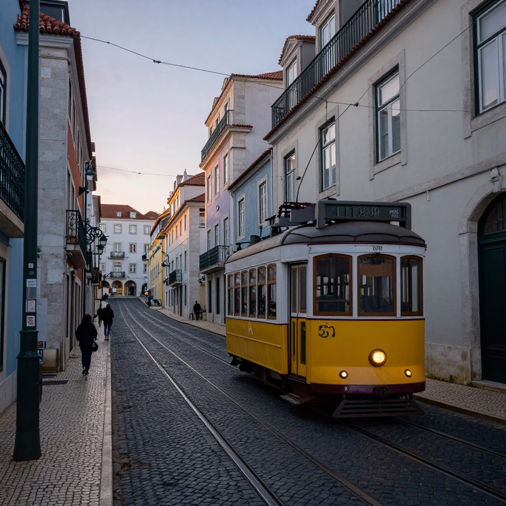 Pre-dawn view of Lisbon Portugal historic Alfama district with trams and tiled facades in in Lisbon, Portugal