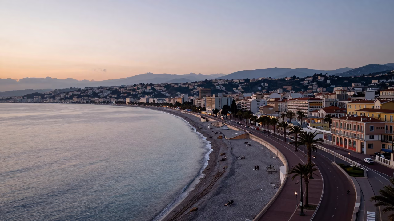 Pre-Dawn View of the Promenade des Anglais and Azure Coast in Nice France in in Nice, France