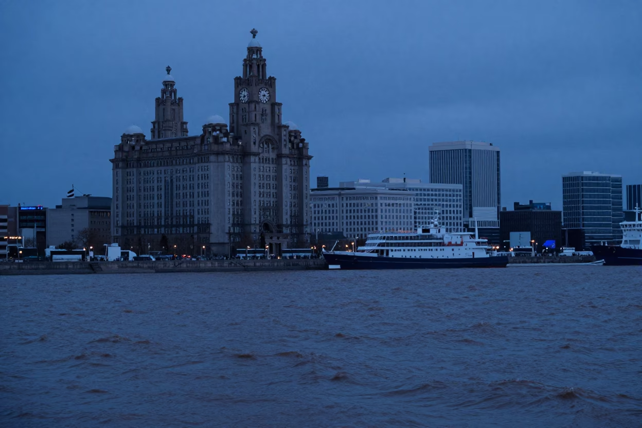 Pre-dawn Waterfront in Liverpool at The Still Hours Before Dawn Light in in Liverpool, United Kingdom