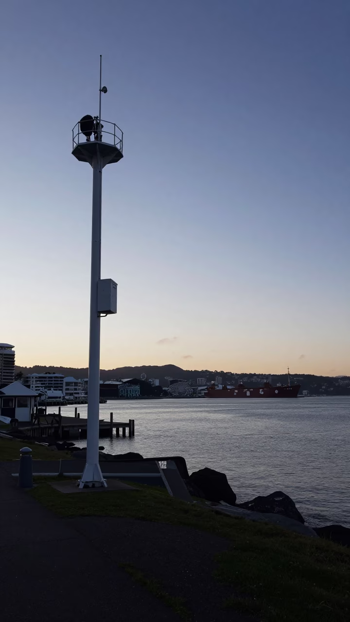 Pre-dawn Wellington Harbor Coastline with Weather Station Mast and Low Clouds in in Wellington, New Zealand