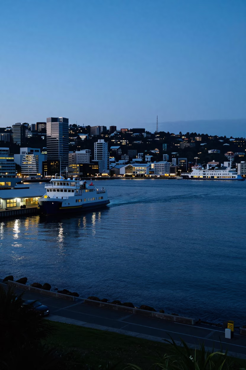 Pre-dawn Wellington Harbor View with Ferry Terminal and Coastal Mist in in Wellington, New Zealand