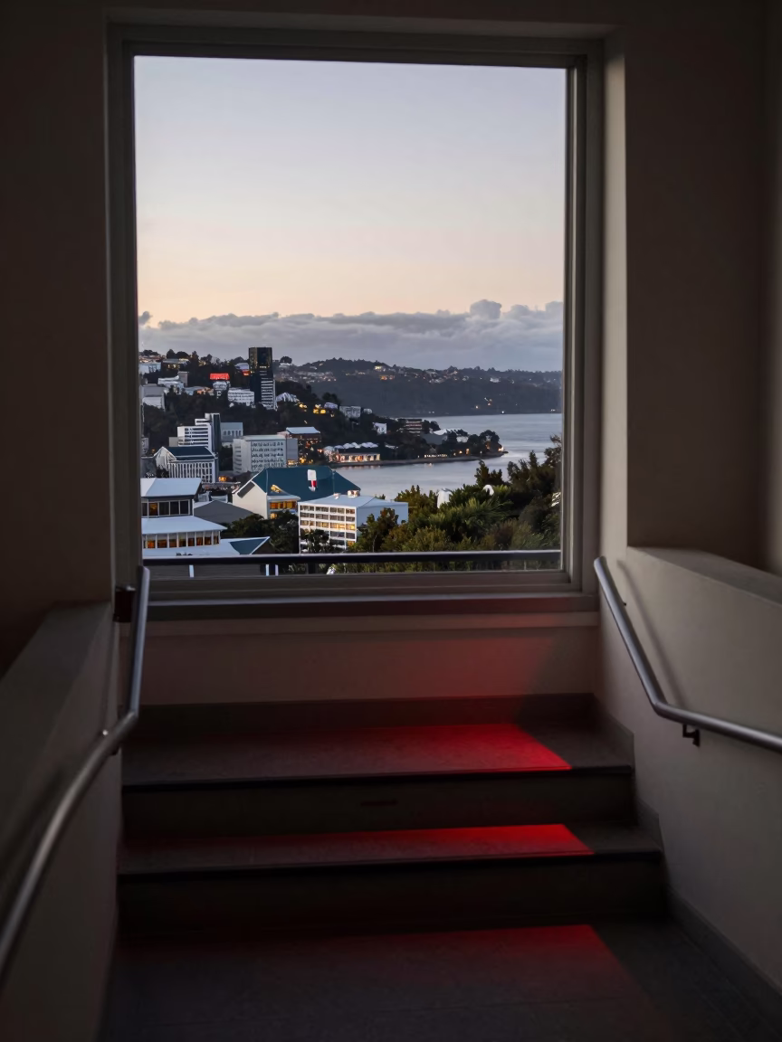 Pre-dawn Wellington Observatory Stairwell and Storm Barrier View in in Wellington, New Zealand