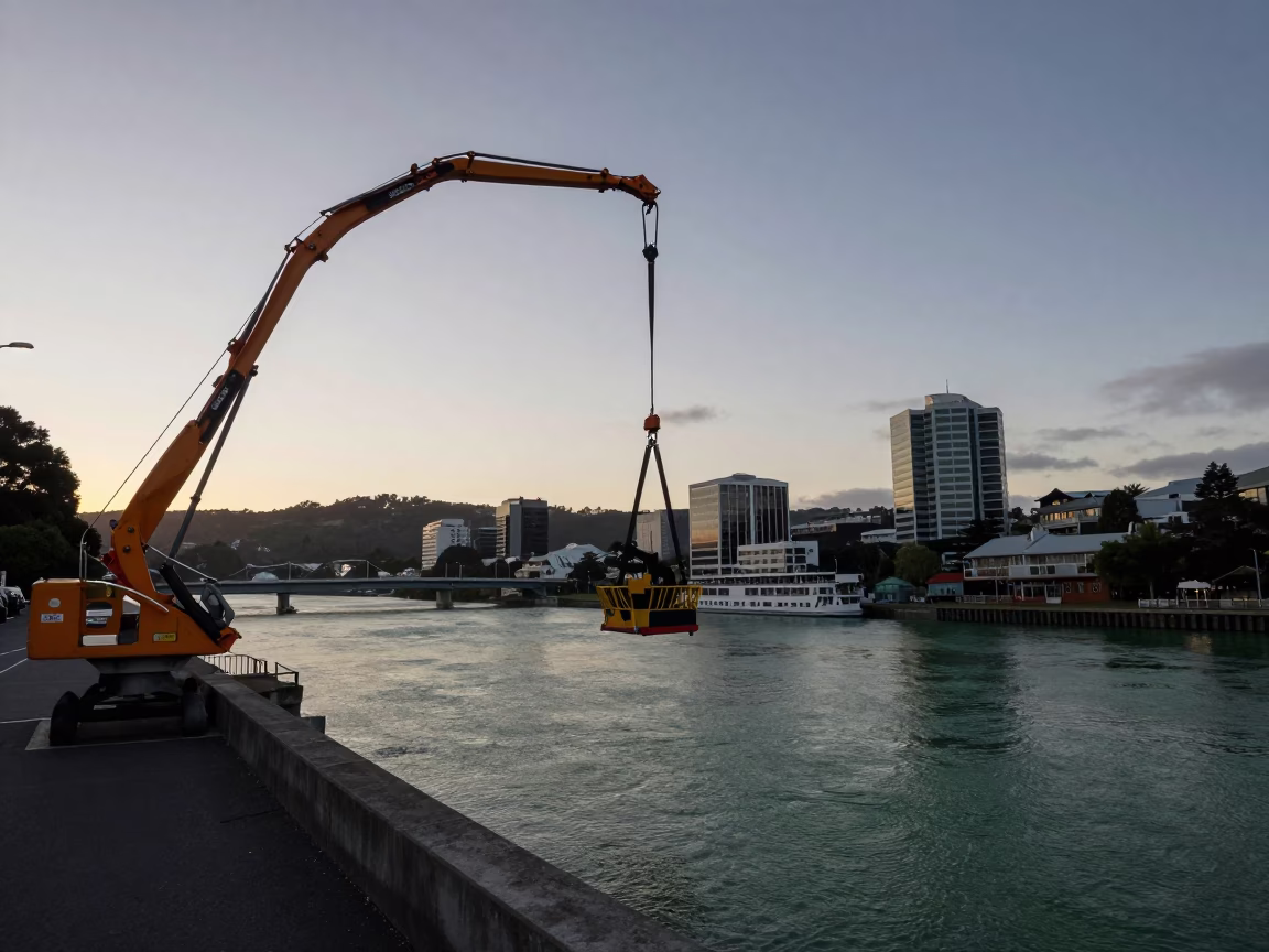 Pre-Dawn Wellington Street Scene with Bridge Maintenance Cradle and River Water in in Wellington, New Zealand
