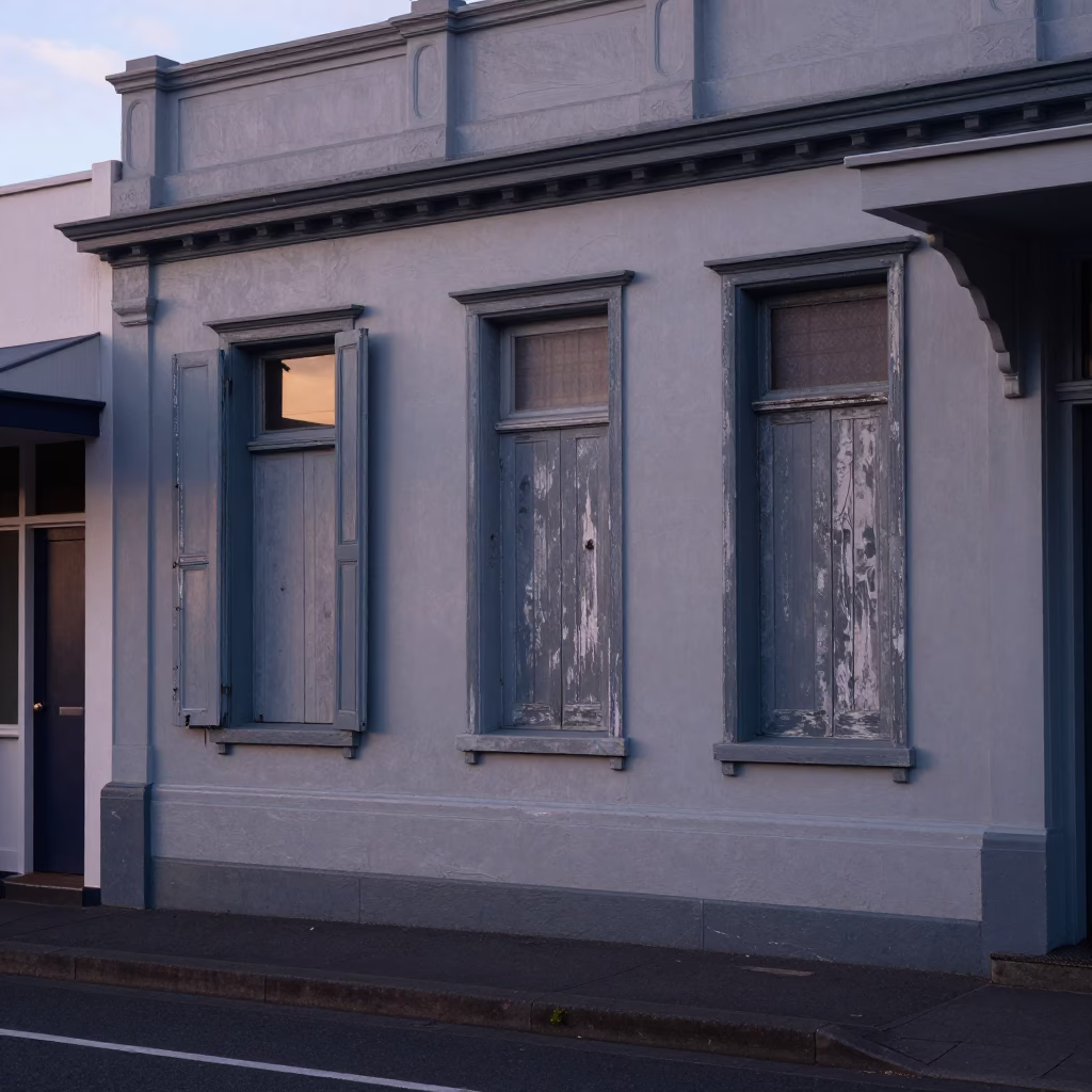 Pre-dawn Wellington Street Scene with Scuffed Painted Wood Shutters and Misty Harbor in in Wellington, New Zealand