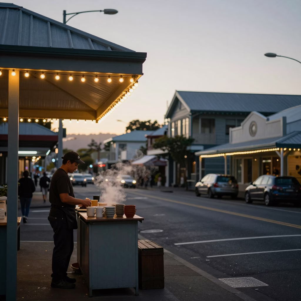 Pre-dawn Wellington Street Scene with String Lights and Local Coffee Shop Activity in in Wellington, New Zealand
