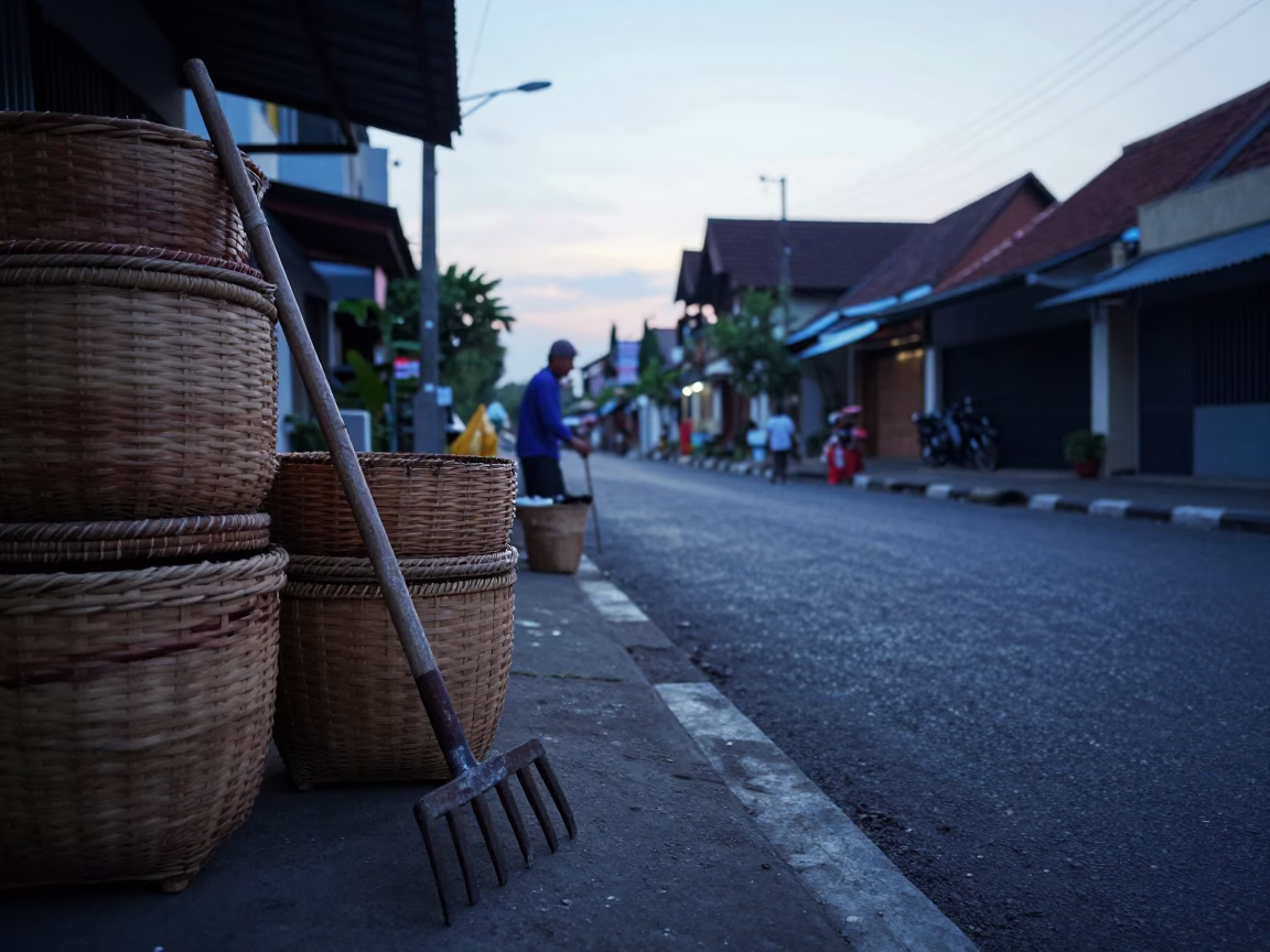 Pre-dawn Yogyakarta Street Scene with Garden Rake and Local Commerce in in Yogyakarta, Indonesia