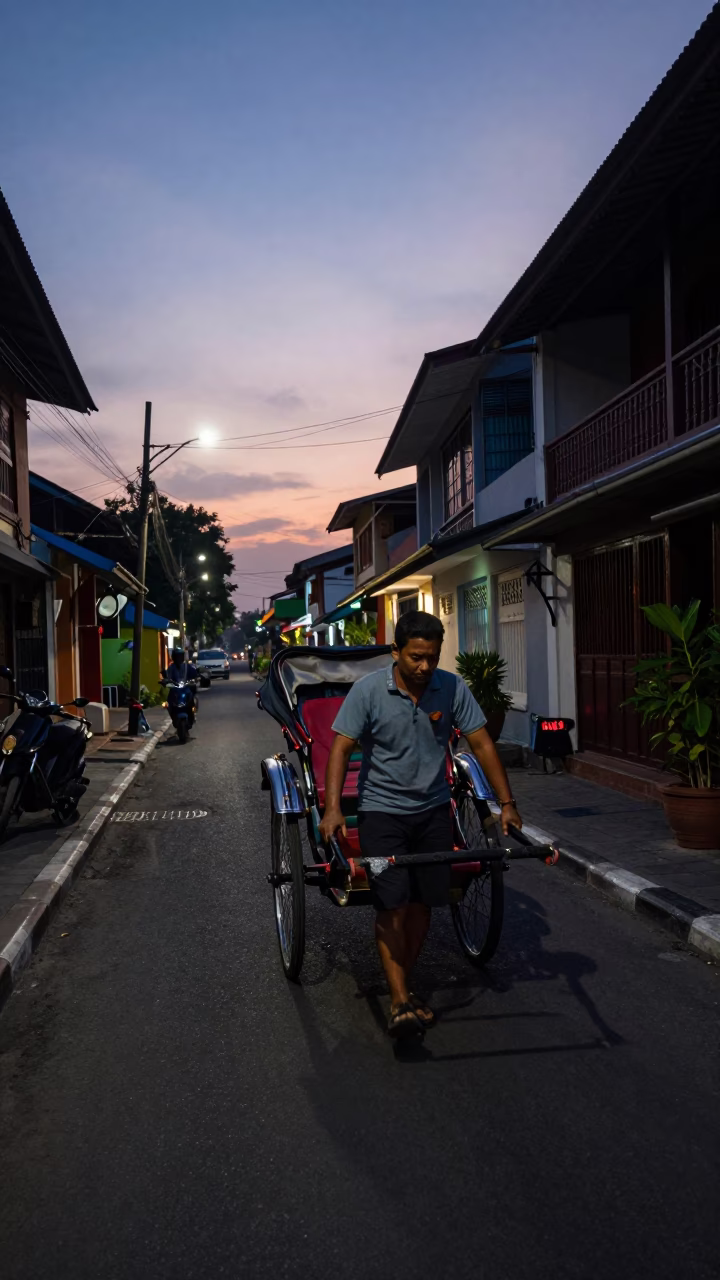 Pre-dawn Yogyakarta street scene with rickshaw puller navigating narrow lanes in in Yogyakarta, Indonesia