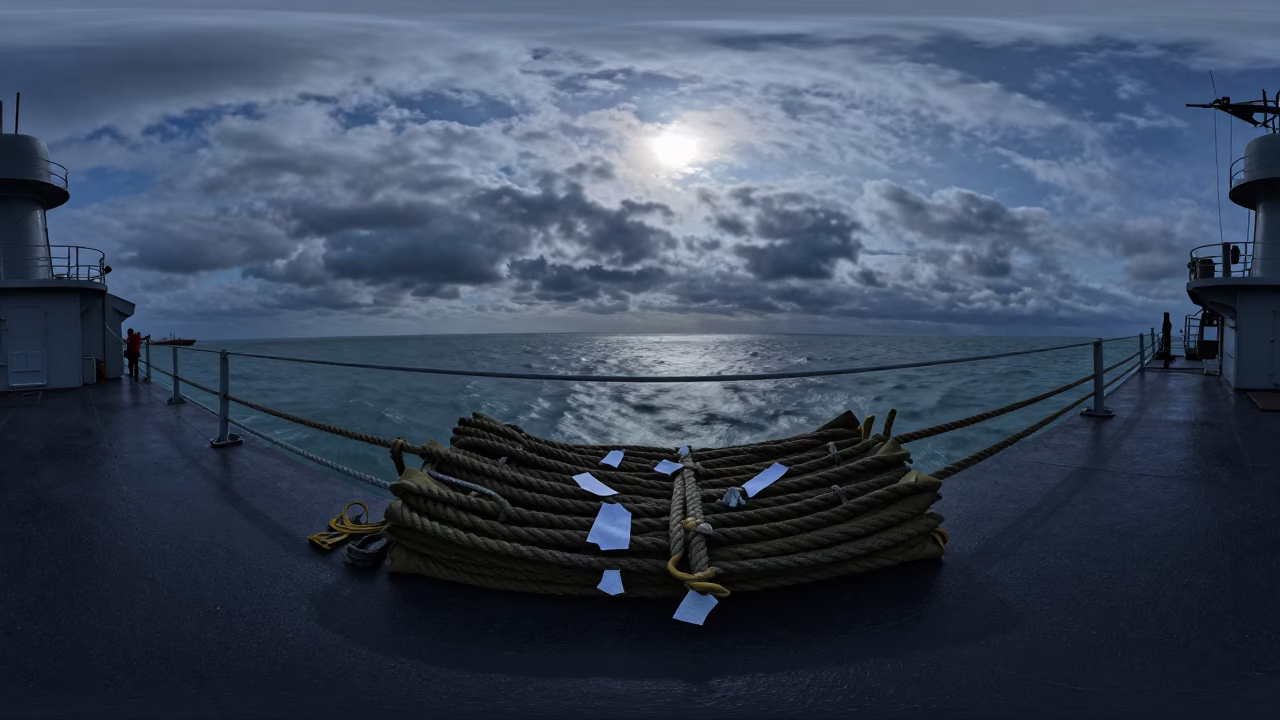 Pre-Deployment Rope Bridge Rigging on Naval Deck in on a naval deck in rough wind in Almaty