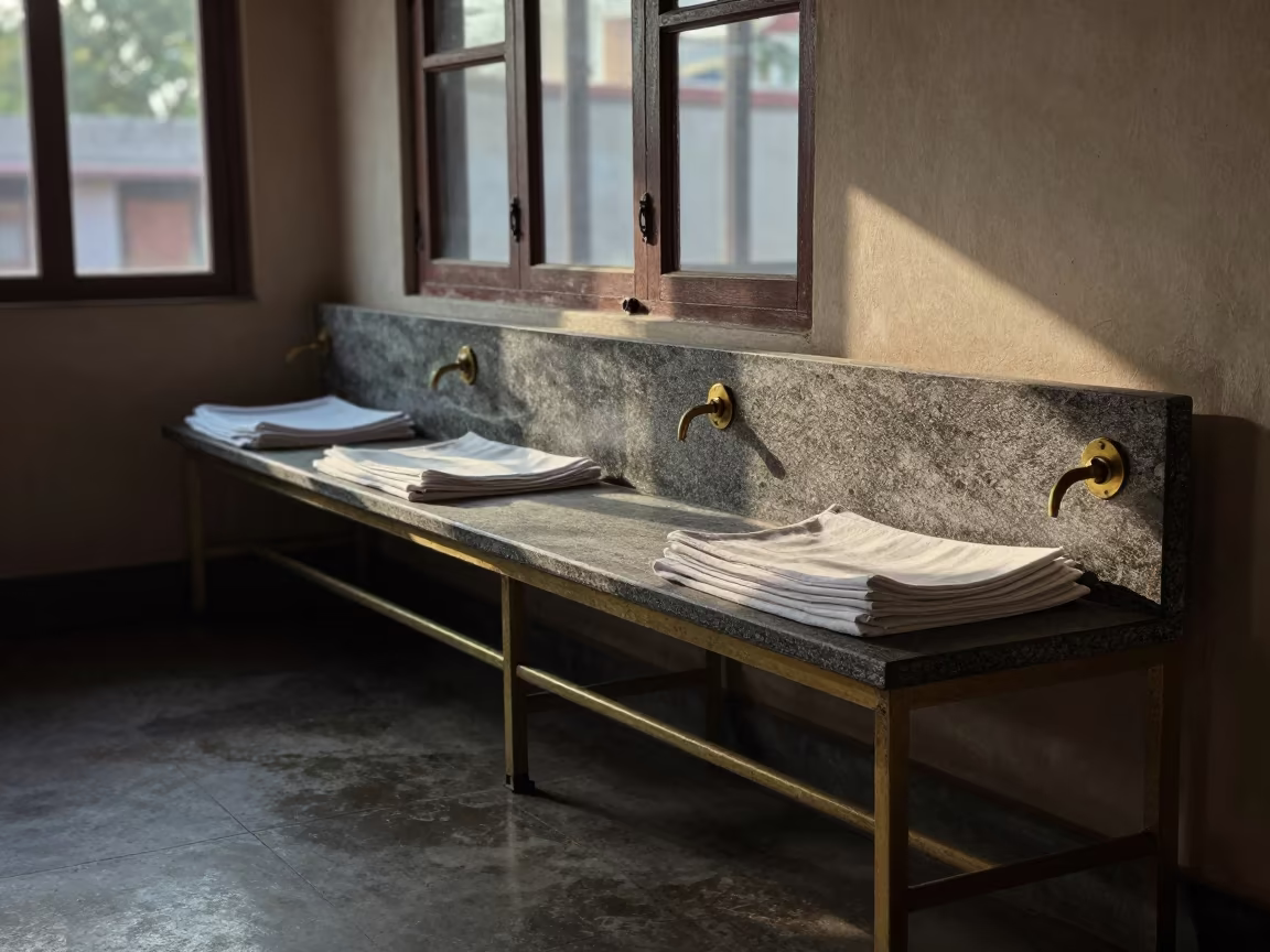 Pre-Sunrise Breakfast Bench in Jhansi Hotel in inside a breakfast room before opening in Jhansi