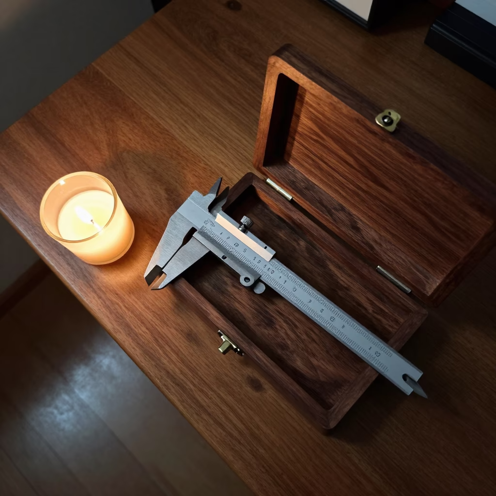 Precision Calipers in Mahogany Case Evening Light in on a writing desk near Bogura