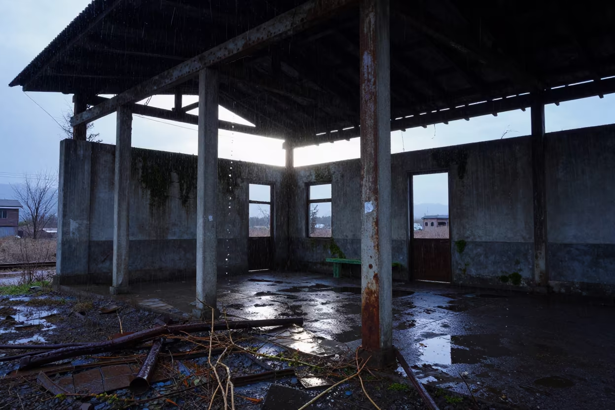 Predawn Ruin of Abandoned Station Tohoku in inside a roofless nave in Tohoku