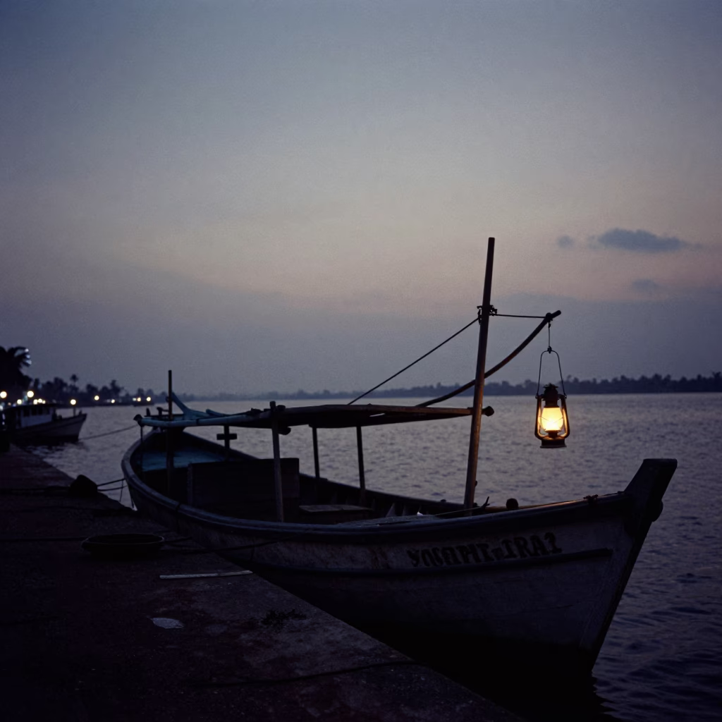 Predawn Accra Harbor Silhouette with Docked Fishing Boat and Lantern Light in in Accra, Ghana