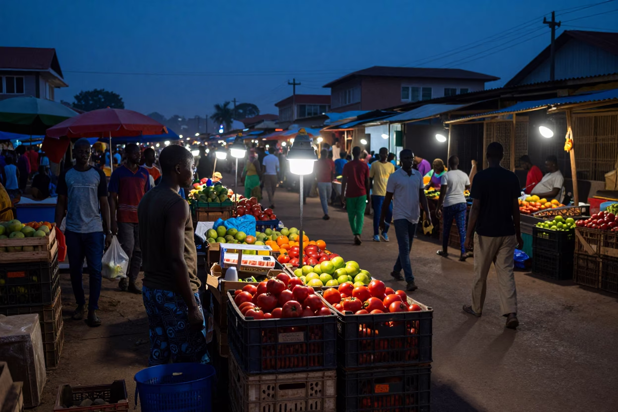 Predawn Accra Street Market with Fruit Crates and Local Commerce in in Accra, Ghana