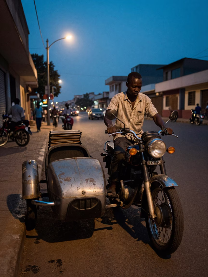 Predawn Accra Street Scene with Vintage Motorcycle Sidecar and Enamel Bowls in in Accra, Ghana