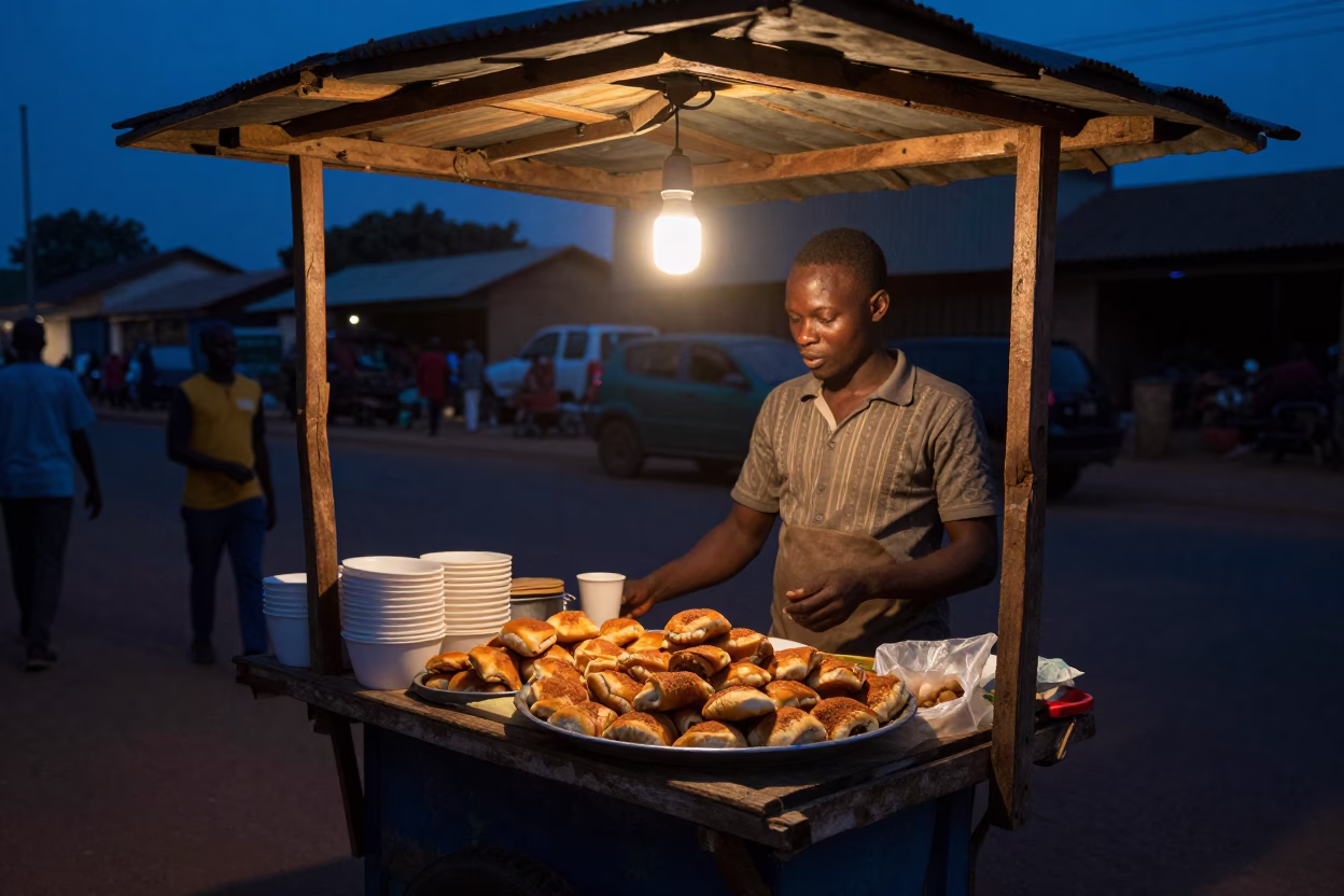 Predawn Accra Street Vendor with Cup and Pastries in Ghana in in Accra, Ghana