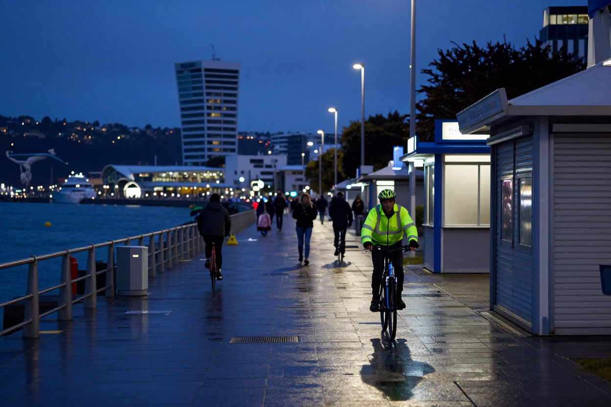 Predawn Activity at Wellington Harbor Promenade with Wet Paving and Harbor Lights in in Wellington, New Zealand