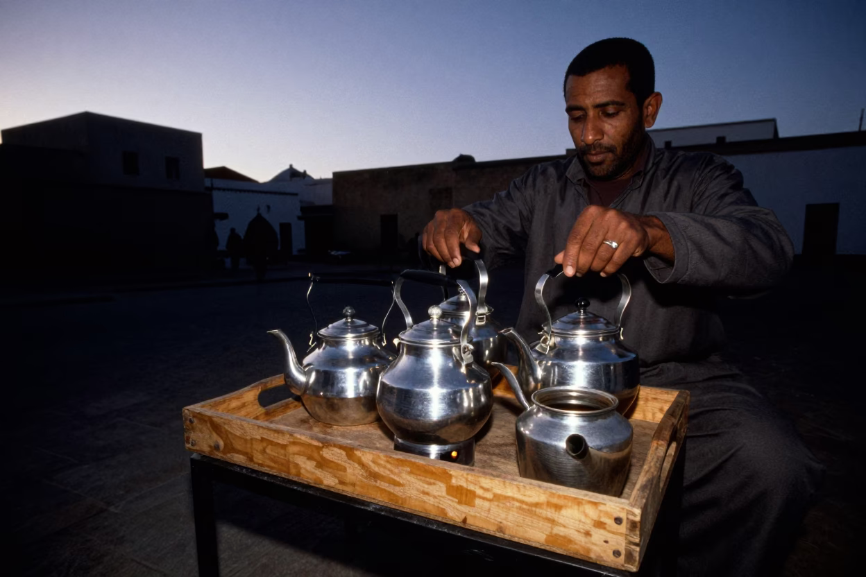 Predawn Activity in Essaouira Morocco with Tea Kettles and Wooden Tray in in Essaouira, Morocco