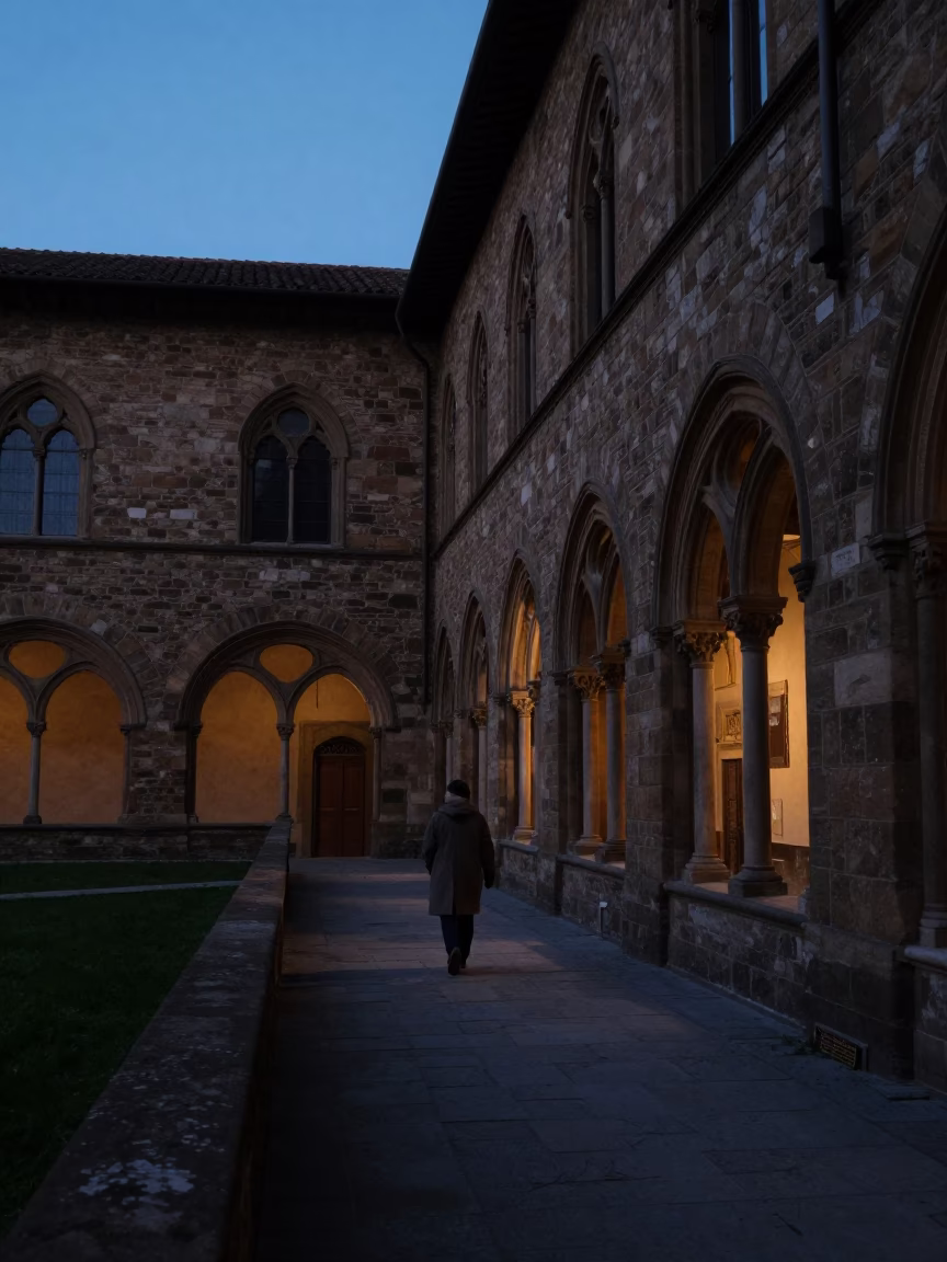 Predawn activity in Florence Italy university cloister walkway between old stone buildings in in Florence, Italy