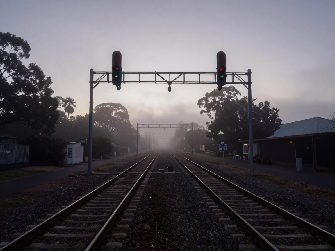 Predawn Adelaide South Australia Signal Gantry Over Parallel Rail Lines in Mist in in Adelaide, South Australia, Australia