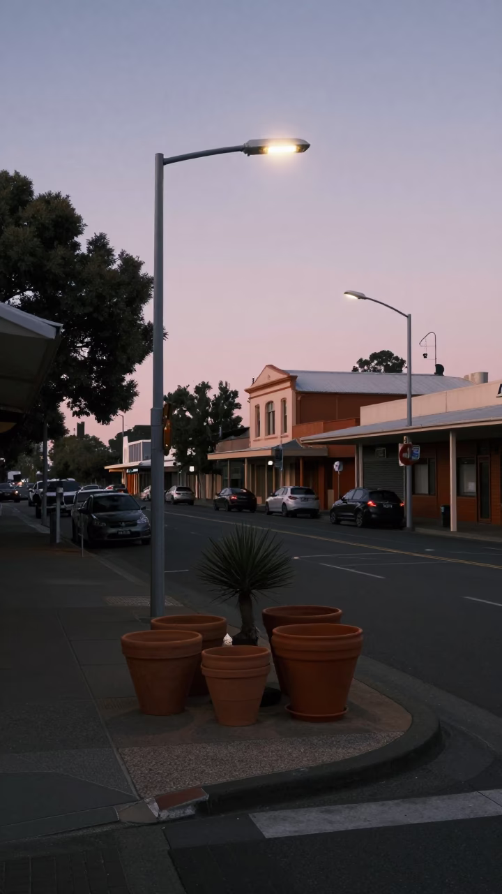 Predawn Adelaide Street Scene with Clay Pots and Urban Night Ambience in in Adelaide, South Australia, Australia