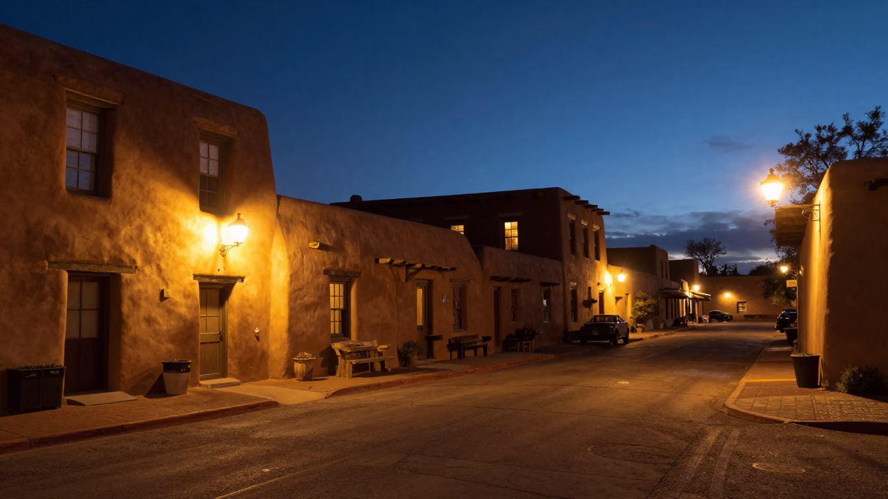 Predawn Adobe Architecture and Warm Streetlights in Santa Fe New Mexico in in Santa Fe, New Mexico, United States