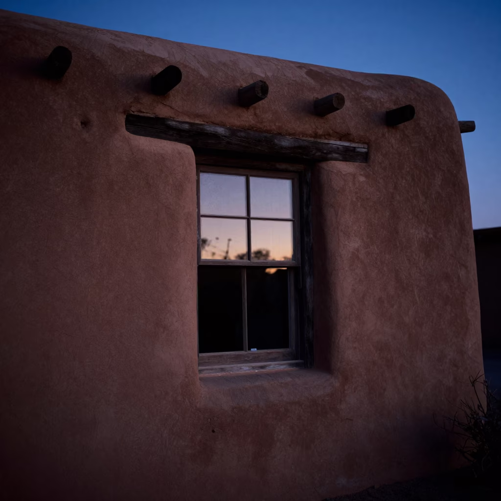 Predawn Adobe Walls and Condensation on Window Sill in Santa Fe New Mexico in in Santa Fe, New Mexico, United States