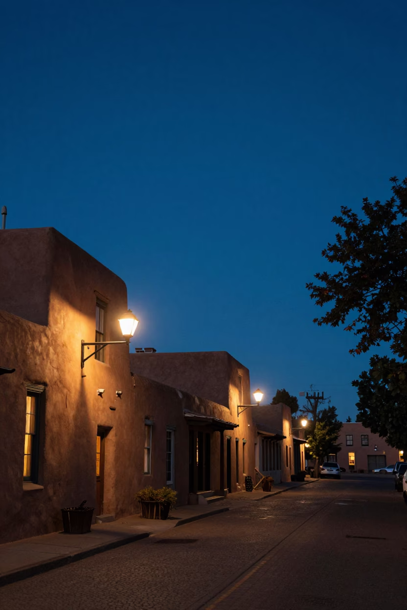 Predawn Adobes and Streetlights in Santa Fe New Mexico United States in in Santa Fe, New Mexico, United States