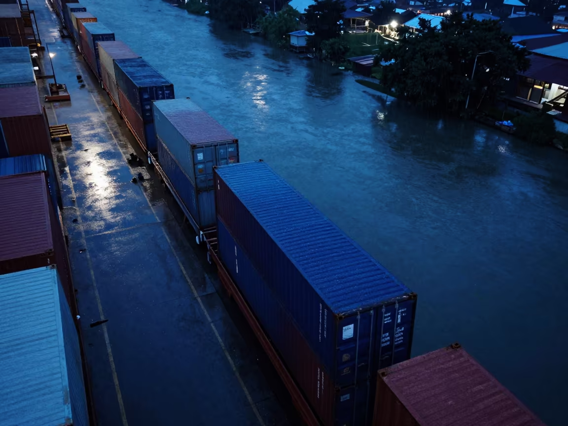Predawn Aerial View of Harbor Containers in Thailand in far above river meanders in Thailand