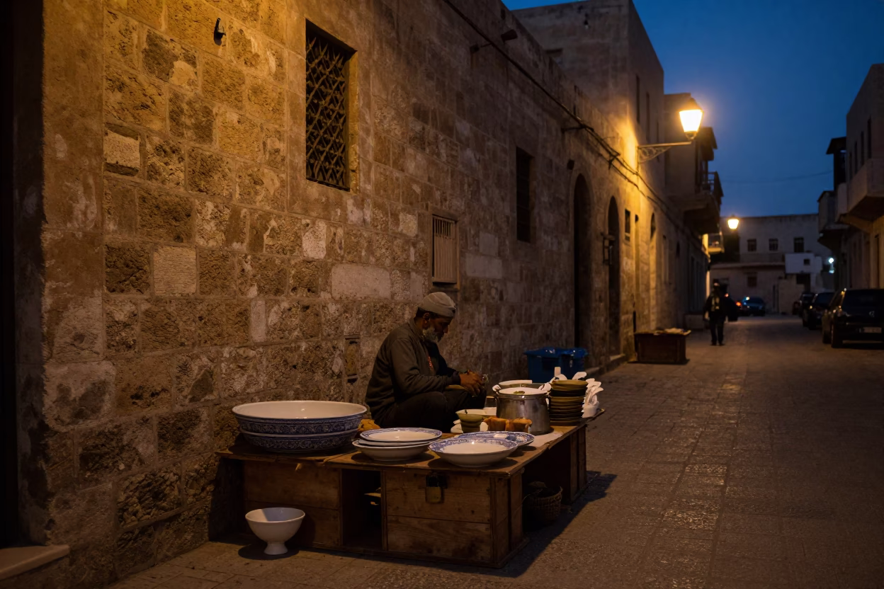 Predawn Alexandria Egypt Street Scene with Ceramic Bowl and Padlock in in Alexandria, Egypt