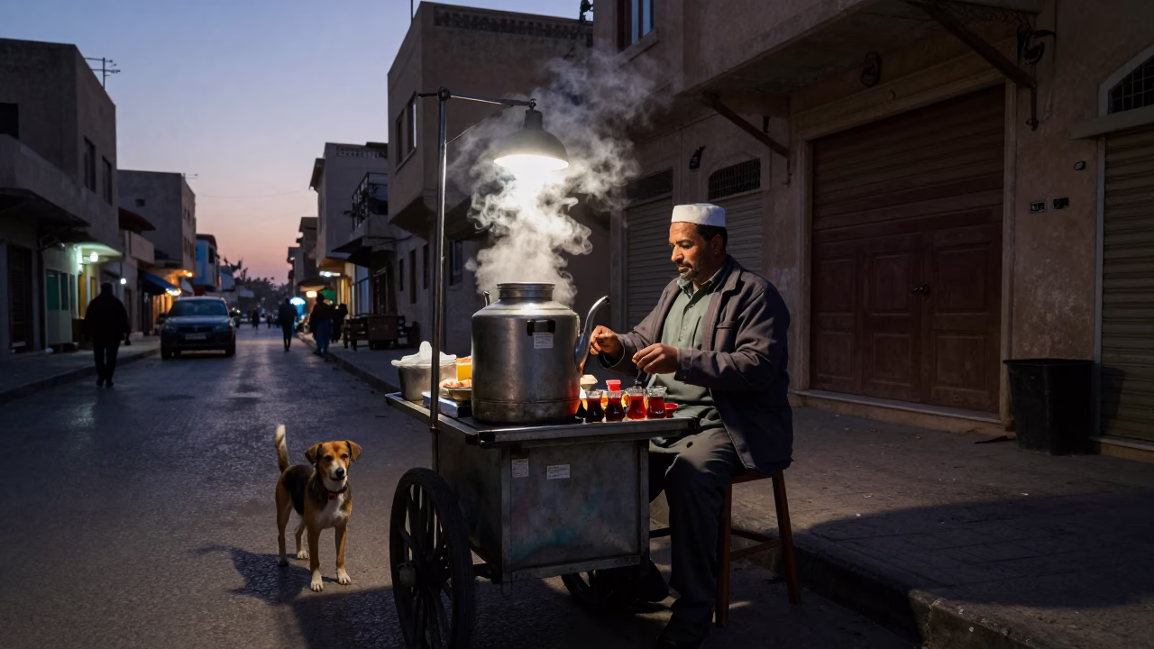Predawn Alexandria Egypt street scene with tea vendor and dog in in Alexandria, Egypt
